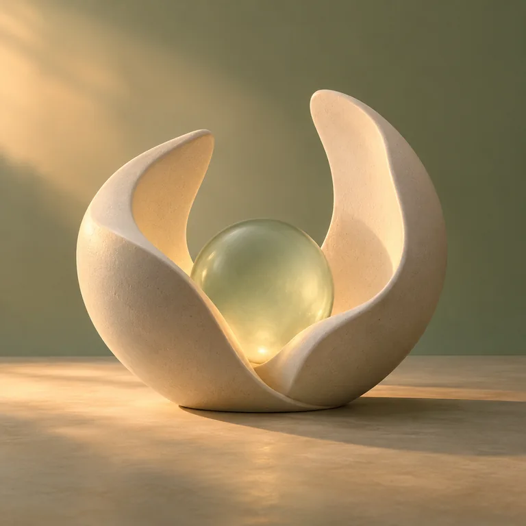 Ivory ceramic petals create a welcoming space around a glowing sage glass orb