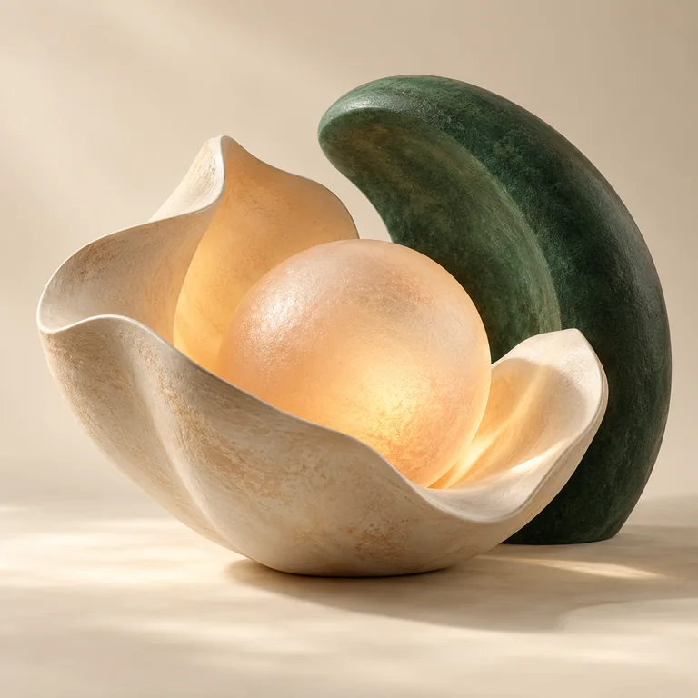 Ivory ceramic opens around a softly glowing apricot glass sphere