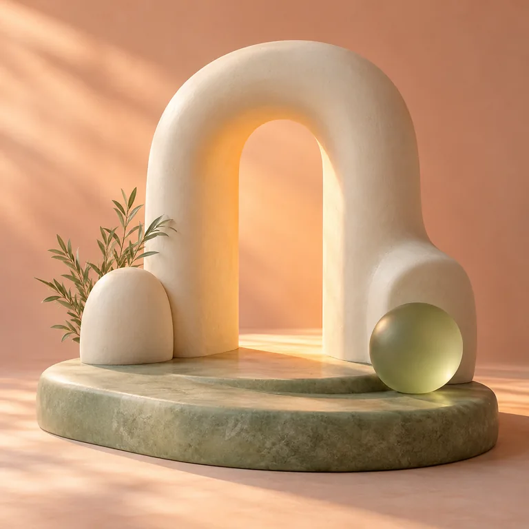 An ivory ceramic doorway opens onto a broad sage step and warm light