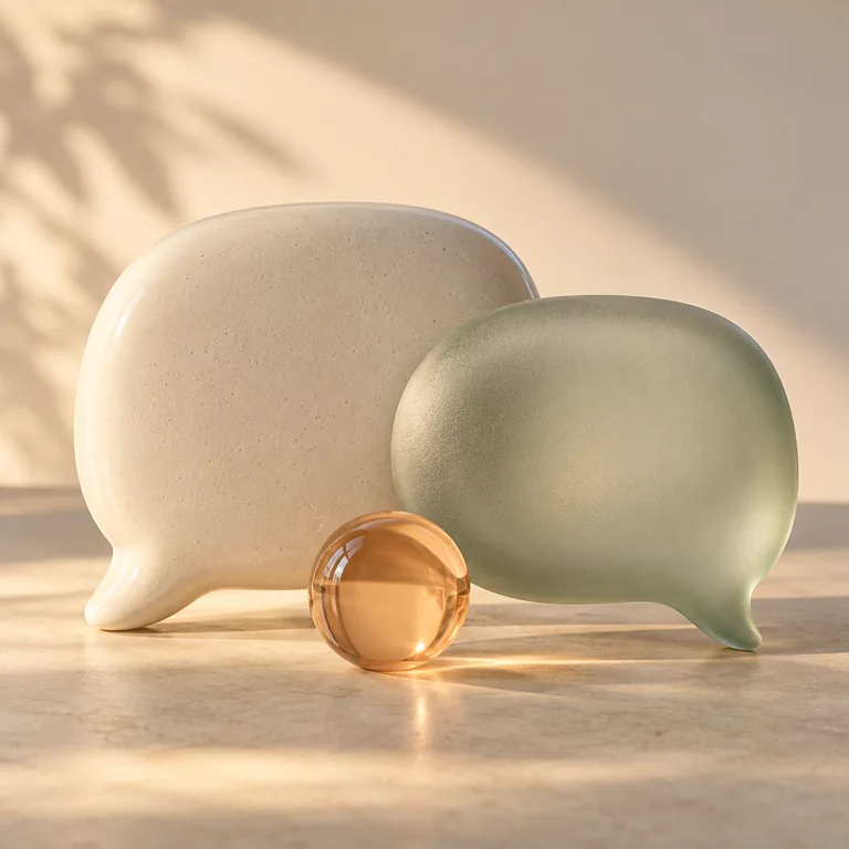 Two ceramic speech bubbles overlap beside a warm amber glass orb