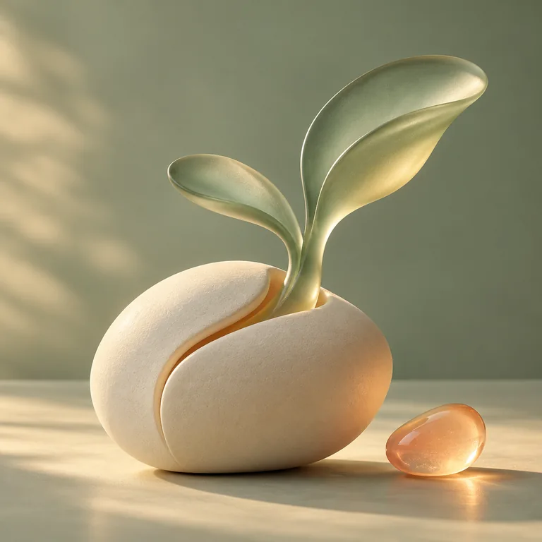 A small sage glass sprout emerges from an ivory ceramic seed