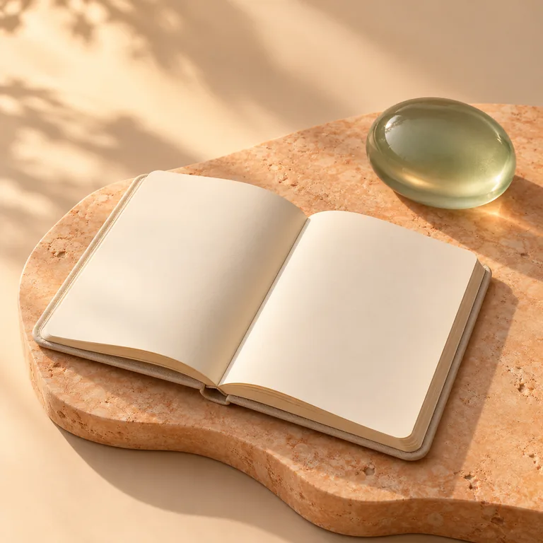 An open blank notebook with a sage glass paperweight