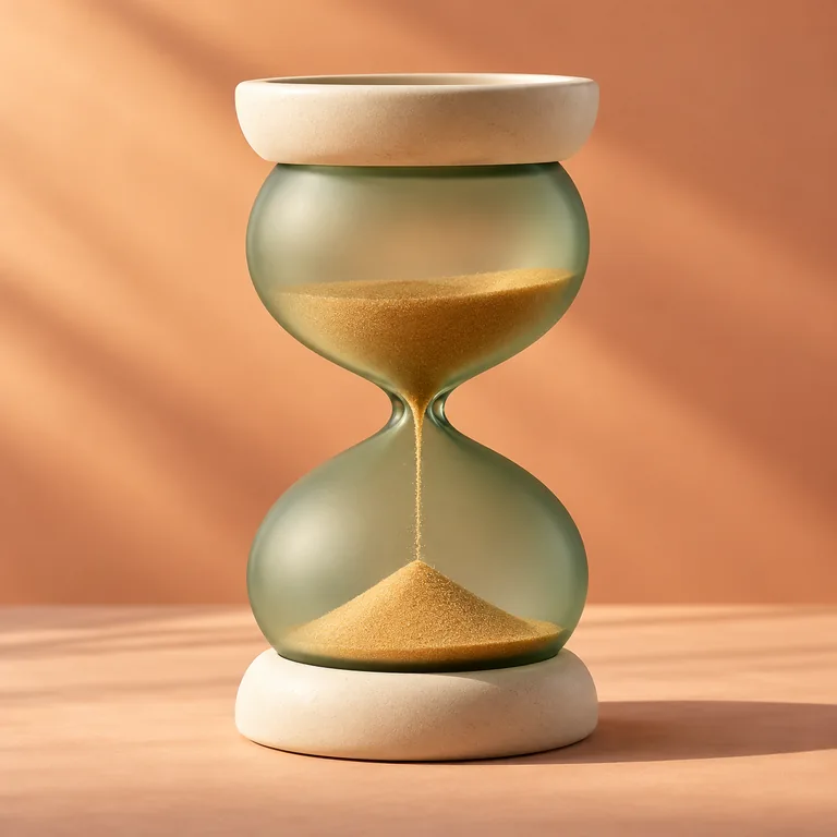A tactile sage glass hourglass with warm golden sand