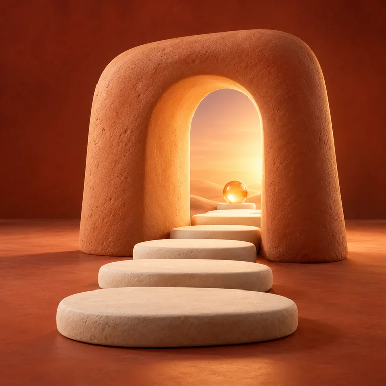 A rounded apricot doorway opens onto a warmly lit path