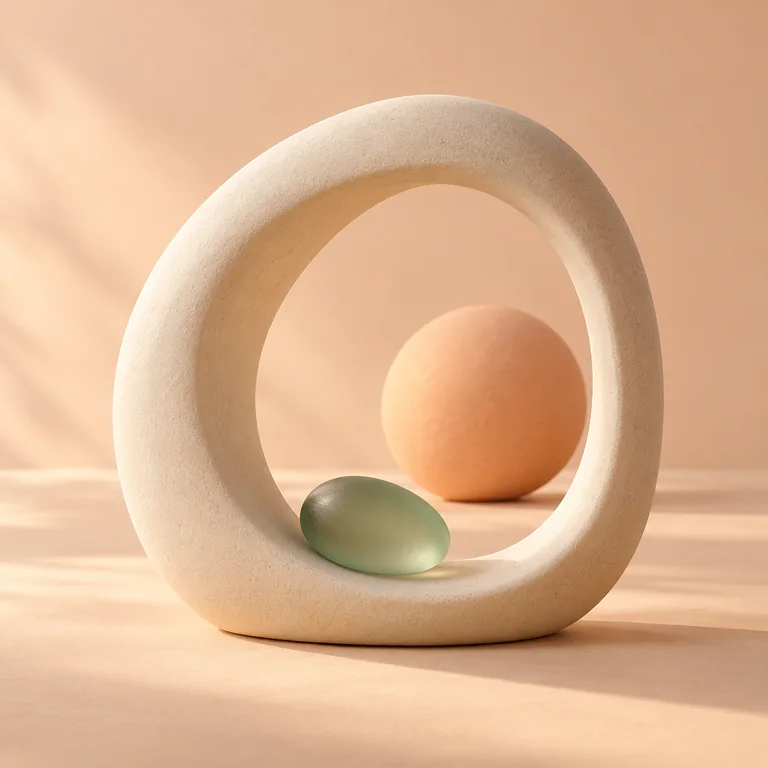 An open ivory ceramic frame creates space around sage glass and warm light