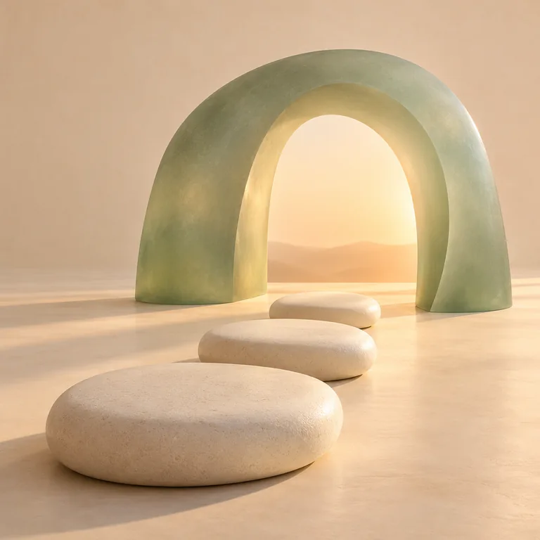 Rounded ivory stepping stones lead toward a warmly lit sage arch