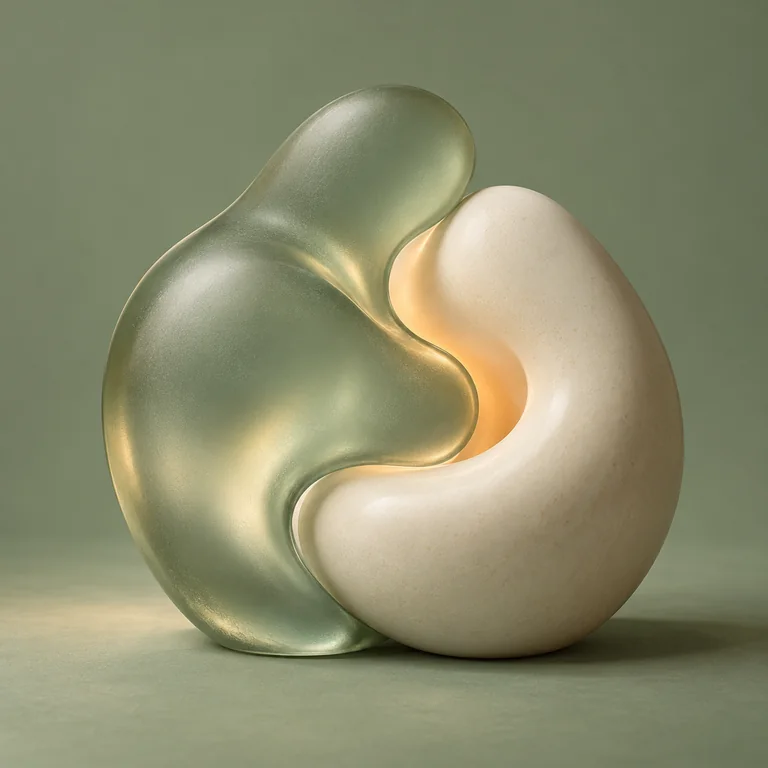 Sage glass and ivory ceramic forms lean toward one another