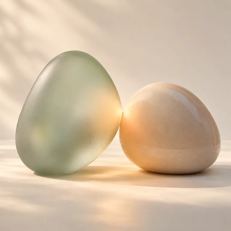 Sage glass and apricot ceramic pebbles meet in warm light