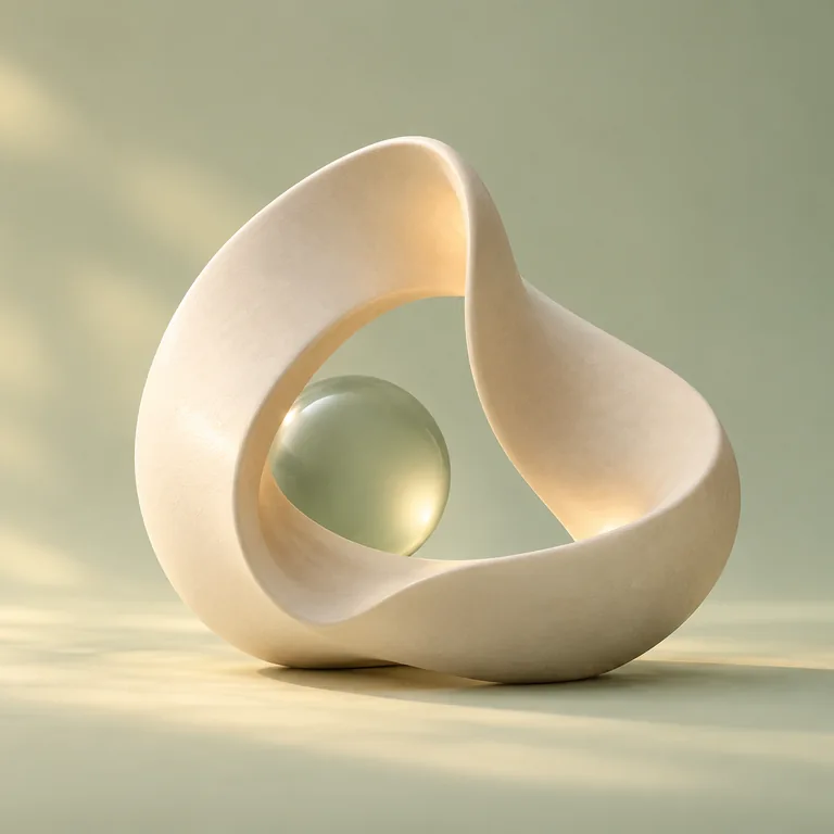An ivory sculptural ribbon reveals a sage sphere through its opening
